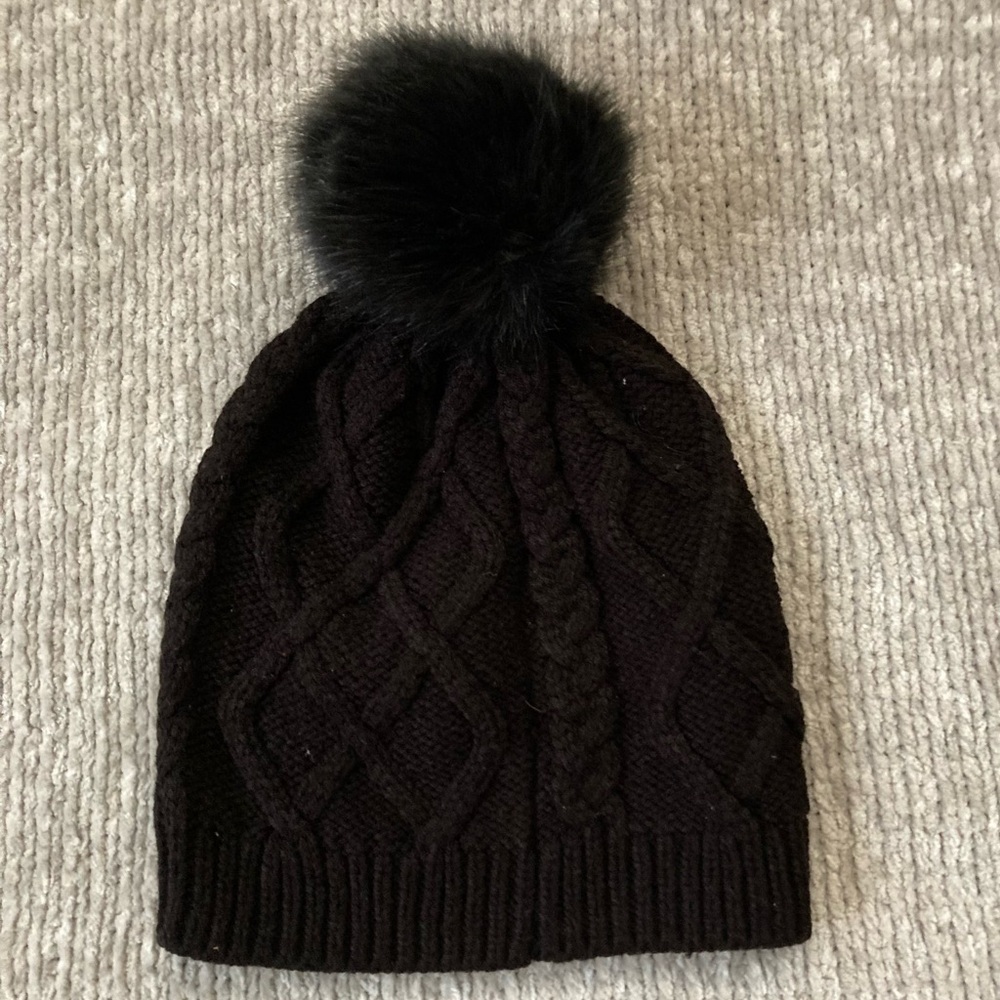 J. Crew Women’s Black Cable Knit Beanie with Faux Fur Pom Pom